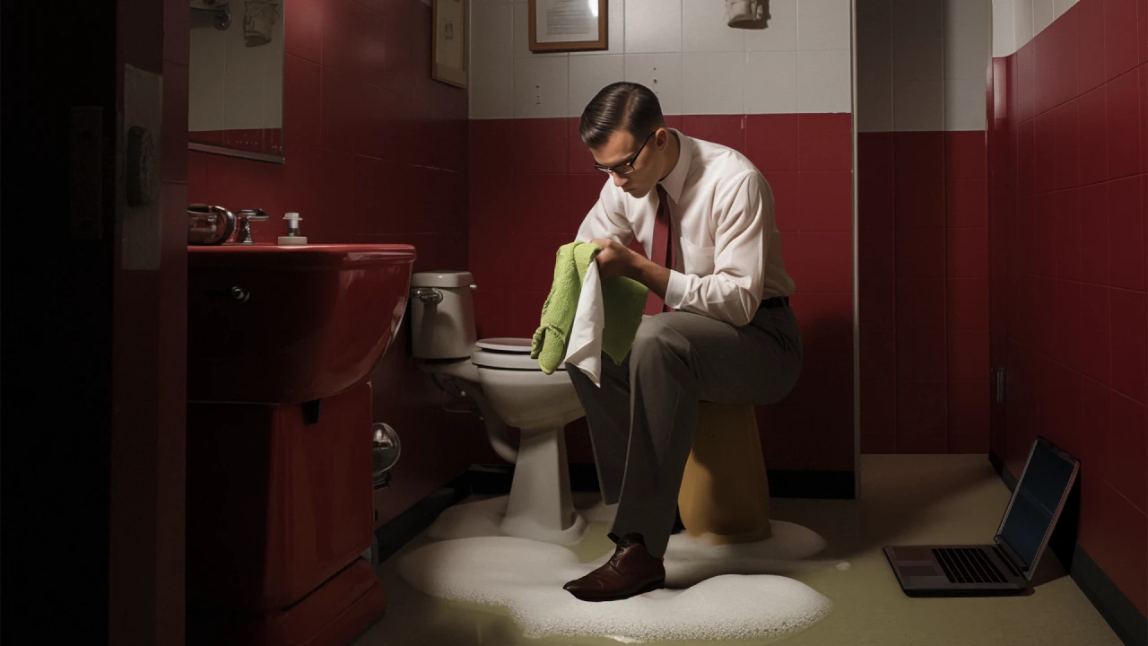 Man sitting on bucket in mid-century bathroom with rag in hand on and laptop on suds covered floor
