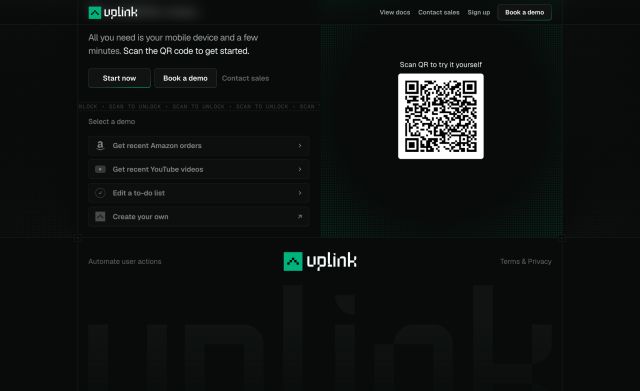 Uplink's interactive demo showing the QR pairing screen on desktop