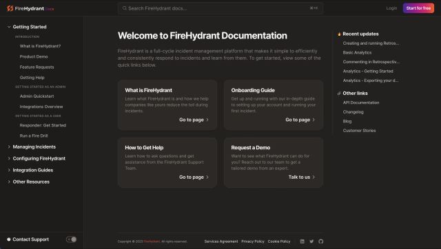 FireHydrant's Documentation site homepage